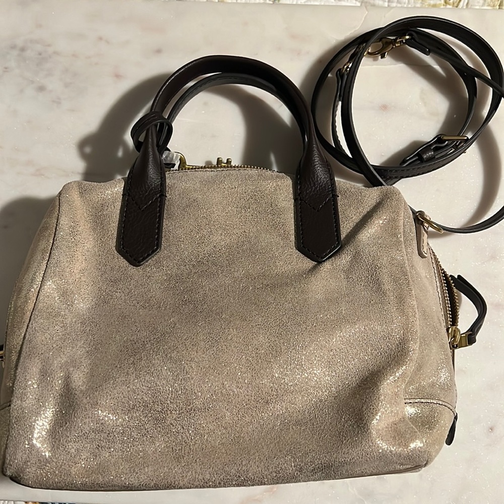 Fossil Fiona Metallic Gold Satchel Purse Bag NWOT